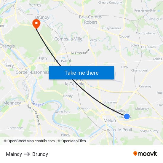 Maincy to Brunoy map