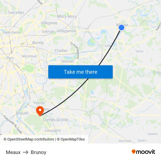 Meaux to Brunoy map