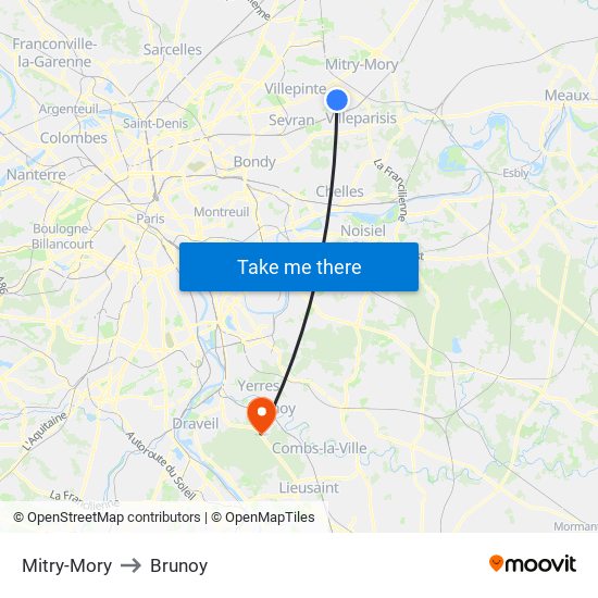 Mitry-Mory to Brunoy map