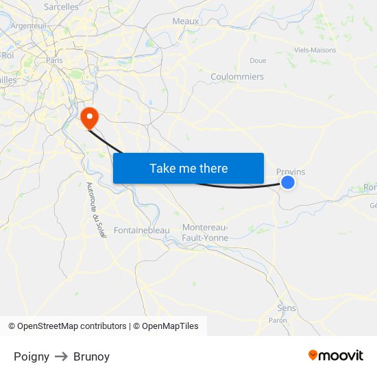 Poigny to Brunoy map