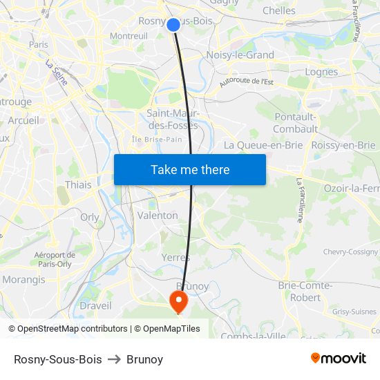 Rosny-Sous-Bois to Brunoy map