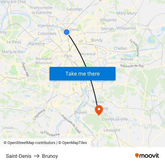 Saint-Denis to Brunoy map
