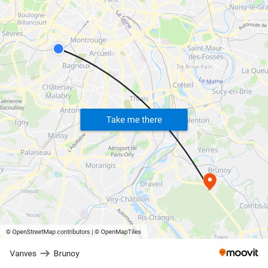 Vanves to Brunoy map