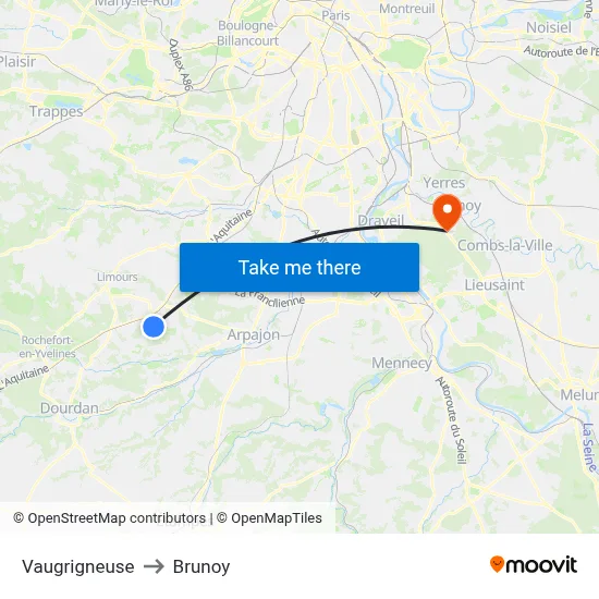 Vaugrigneuse to Brunoy map