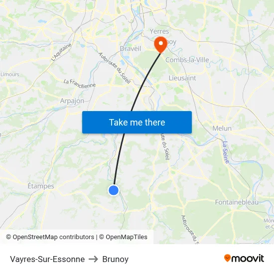 Vayres-Sur-Essonne to Brunoy map