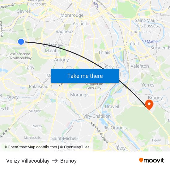 Velizy-Villacoublay to Brunoy map