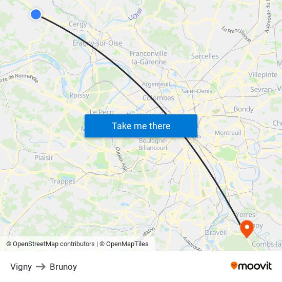 Vigny to Brunoy map
