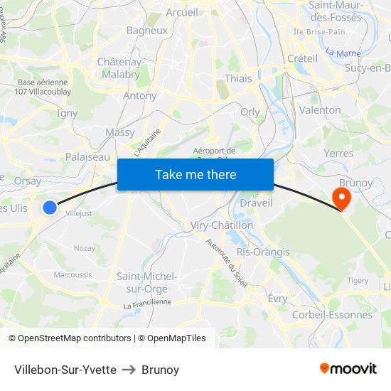 Villebon-Sur-Yvette to Brunoy map