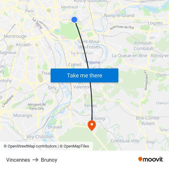 Vincennes to Brunoy map