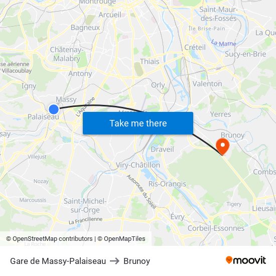 Gare de Massy-Palaiseau to Brunoy map