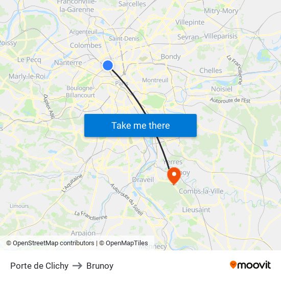 Porte de Clichy to Brunoy map