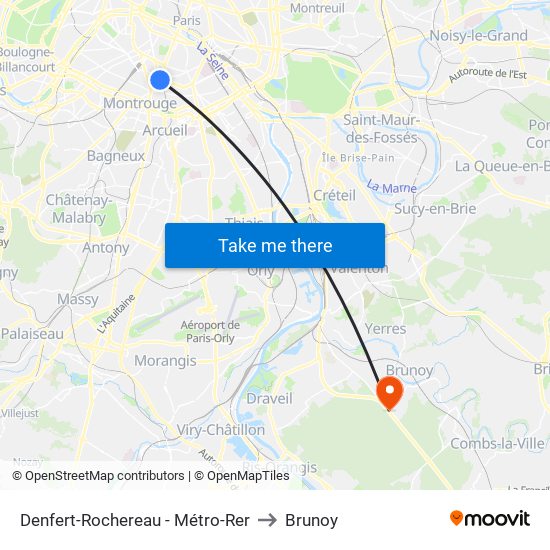 Denfert-Rochereau - Métro-Rer to Brunoy map
