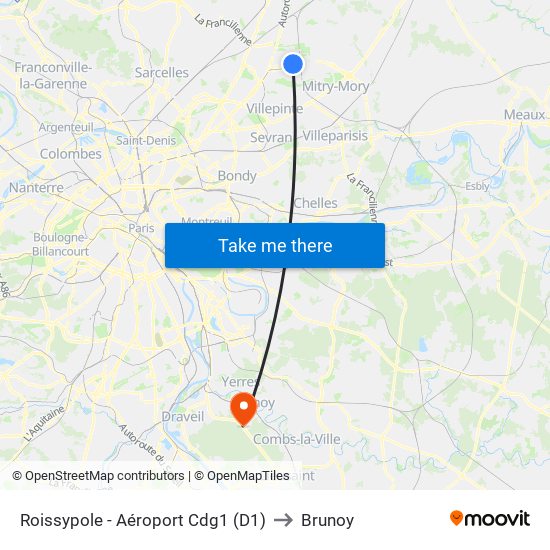 Roissypole - Aéroport Cdg1 (D1) to Brunoy map