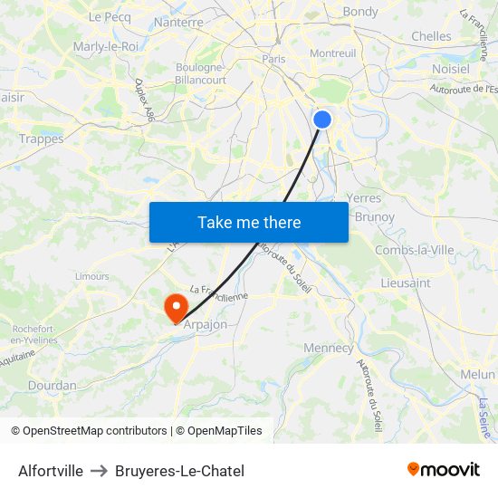 Alfortville to Bruyeres-Le-Chatel map