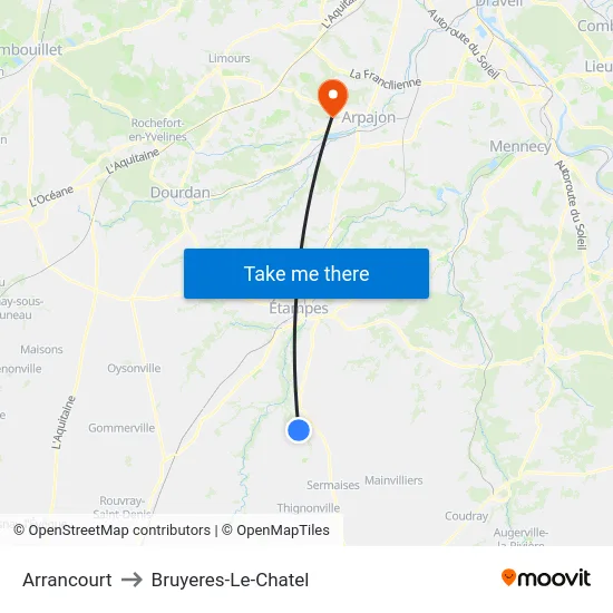 Arrancourt to Bruyeres-Le-Chatel map