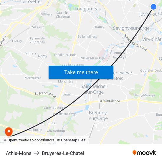 Athis-Mons to Bruyeres-Le-Chatel map