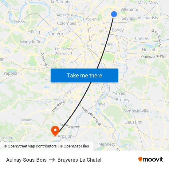 Aulnay-Sous-Bois to Bruyeres-Le-Chatel map