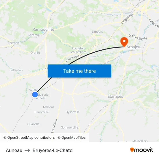 Auneau to Bruyeres-Le-Chatel map