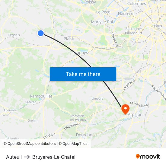 Auteuil to Bruyeres-Le-Chatel map