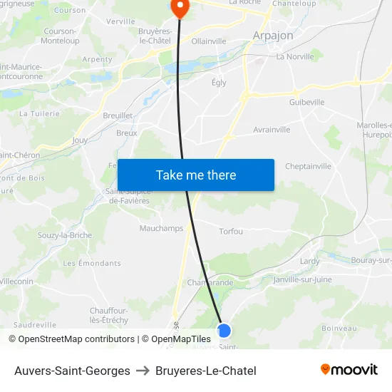 Auvers-Saint-Georges to Bruyeres-Le-Chatel map
