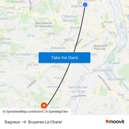 Bagneux to Bruyeres-Le-Chatel map
