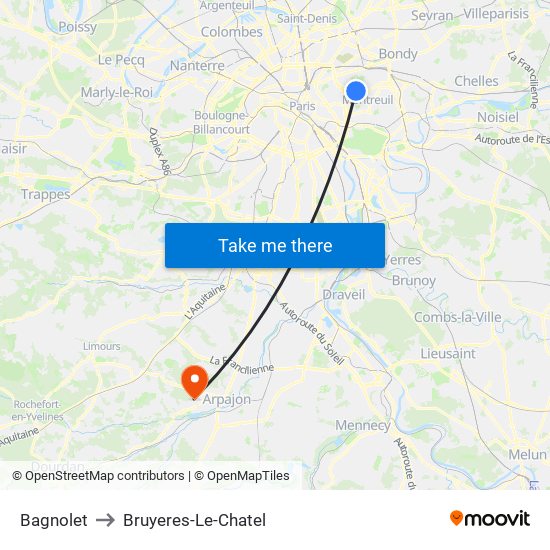 Bagnolet to Bruyeres-Le-Chatel map