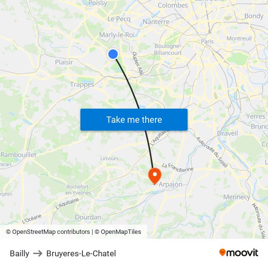 Bailly to Bruyeres-Le-Chatel map