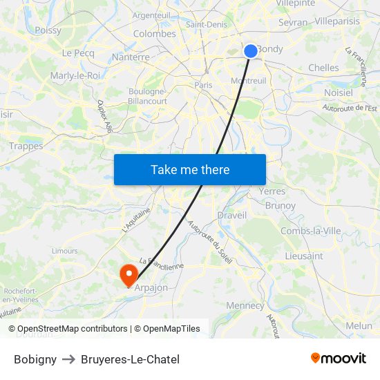 Bobigny to Bruyeres-Le-Chatel map