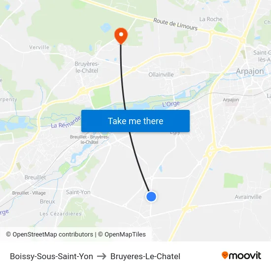 Boissy-Sous-Saint-Yon to Bruyeres-Le-Chatel map