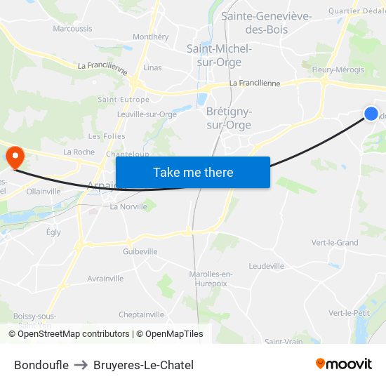 Bondoufle to Bruyeres-Le-Chatel map