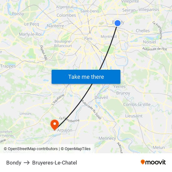 Bondy to Bruyeres-Le-Chatel map
