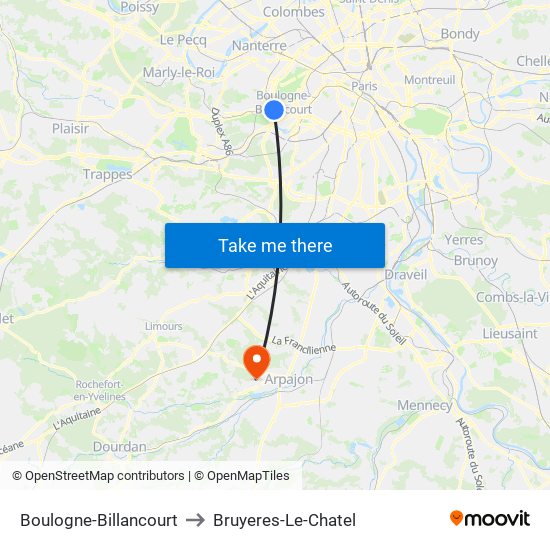 Boulogne-Billancourt to Bruyeres-Le-Chatel map
