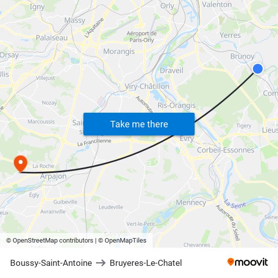 Boussy-Saint-Antoine to Bruyeres-Le-Chatel map