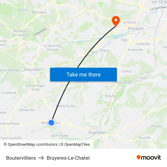 Boutervilliers to Bruyeres-Le-Chatel map