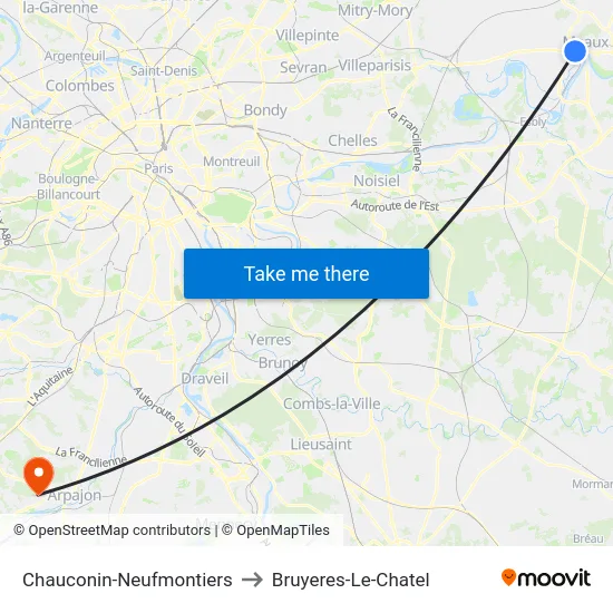 Chauconin-Neufmontiers to Bruyeres-Le-Chatel map