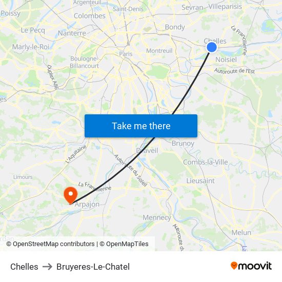Chelles to Bruyeres-Le-Chatel map