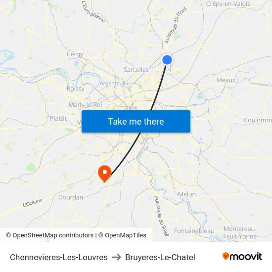 Chennevieres-Les-Louvres to Bruyeres-Le-Chatel map