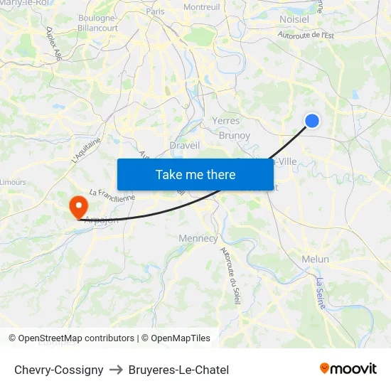 Chevry-Cossigny to Bruyeres-Le-Chatel map