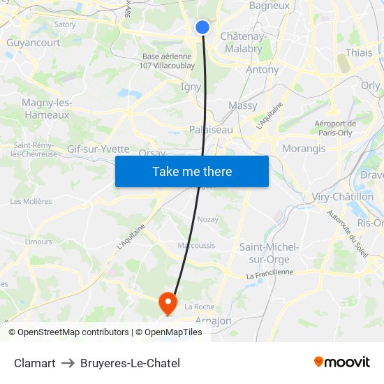 Clamart to Bruyeres-Le-Chatel map