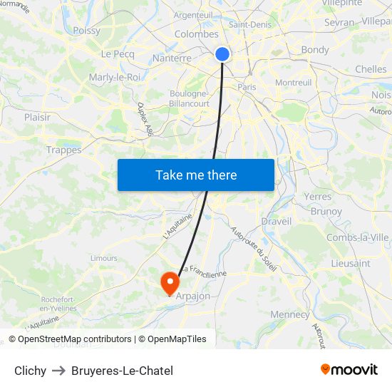 Clichy to Bruyeres-Le-Chatel map