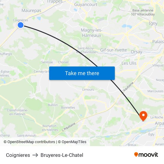 Coignieres to Bruyeres-Le-Chatel map
