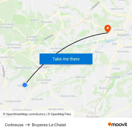 Corbreuse to Bruyeres-Le-Chatel map
