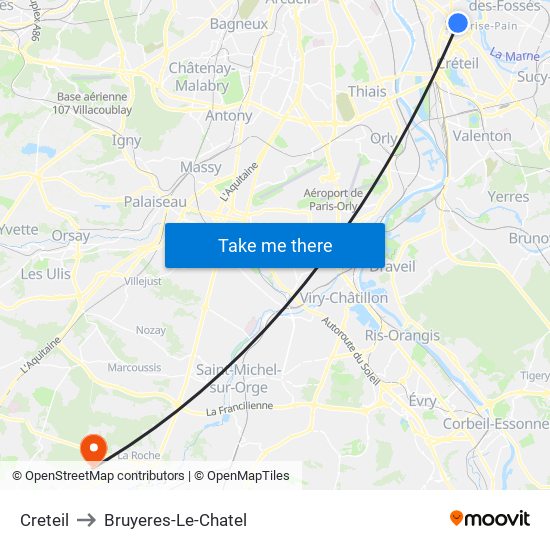 Creteil to Bruyeres-Le-Chatel map