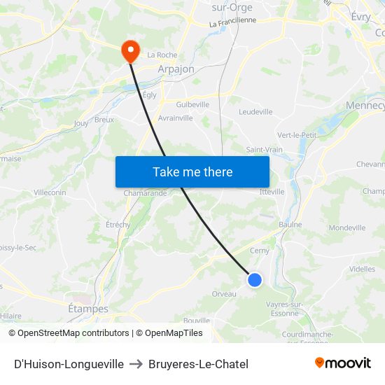 D'Huison-Longueville to Bruyeres-Le-Chatel map