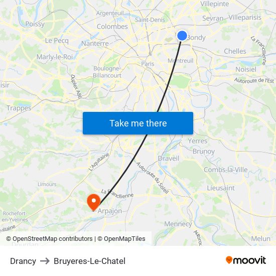 Drancy to Bruyeres-Le-Chatel map
