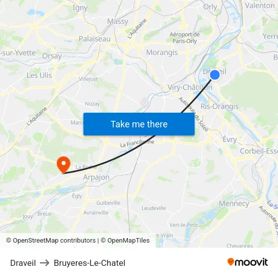 Draveil to Bruyeres-Le-Chatel map