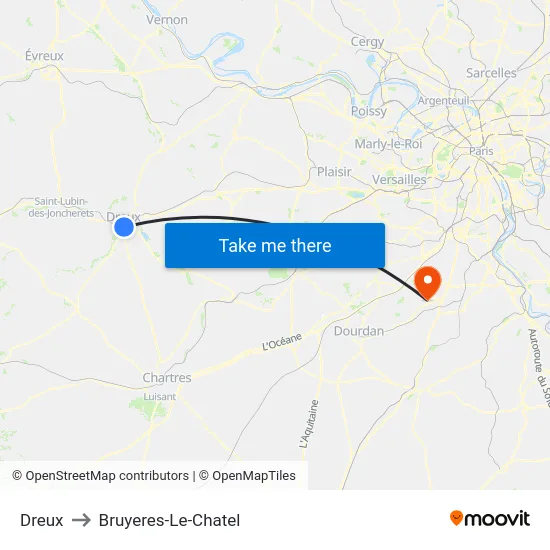 Dreux to Bruyeres-Le-Chatel map