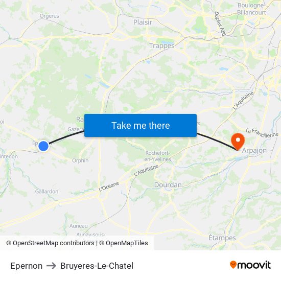 Epernon to Bruyeres-Le-Chatel map