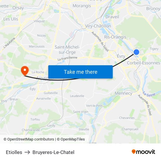 Etiolles to Bruyeres-Le-Chatel map