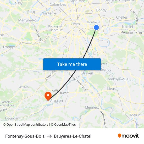 Fontenay-Sous-Bois to Bruyeres-Le-Chatel map